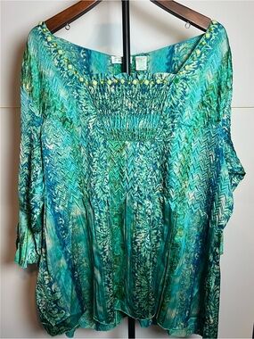 Laura Ashley Boho Blouse XL Smocked Green Flowy Cottagecore